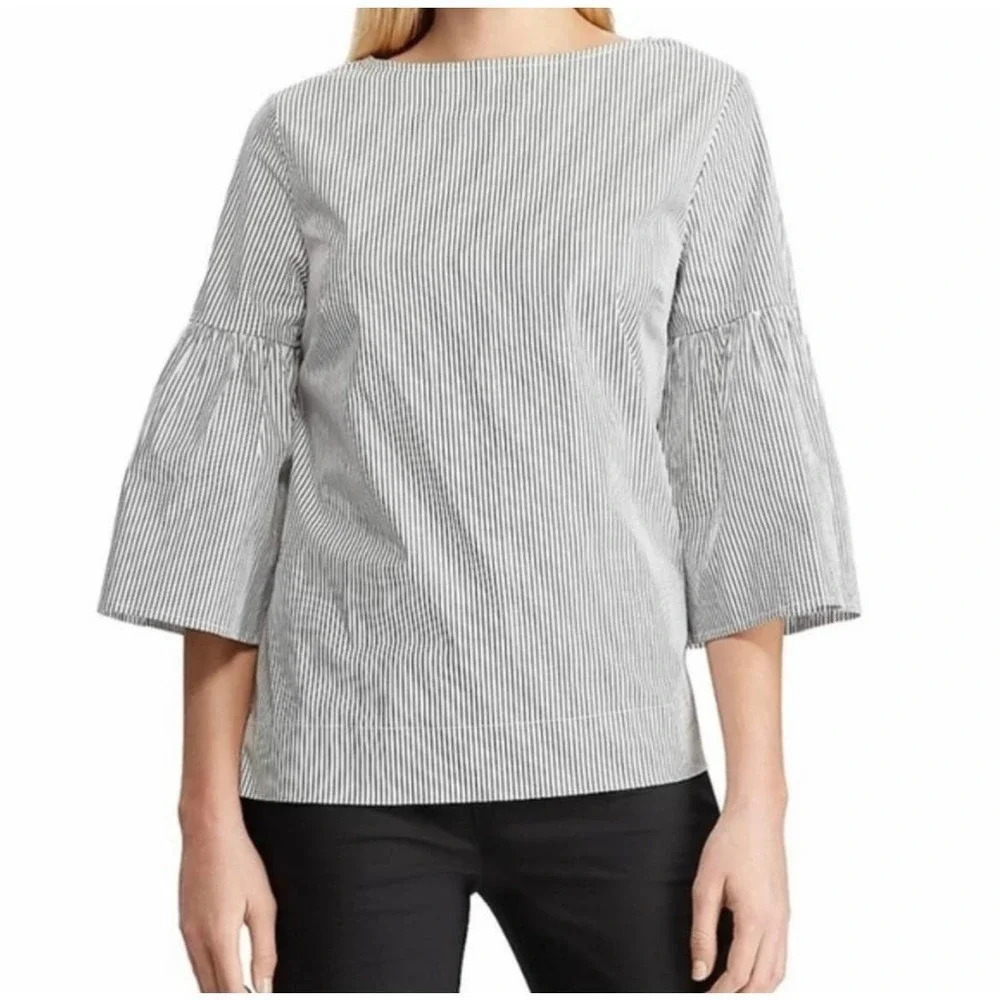 CHAPS Women's Classic Blue & White Striped Poplin Blouse Size Large